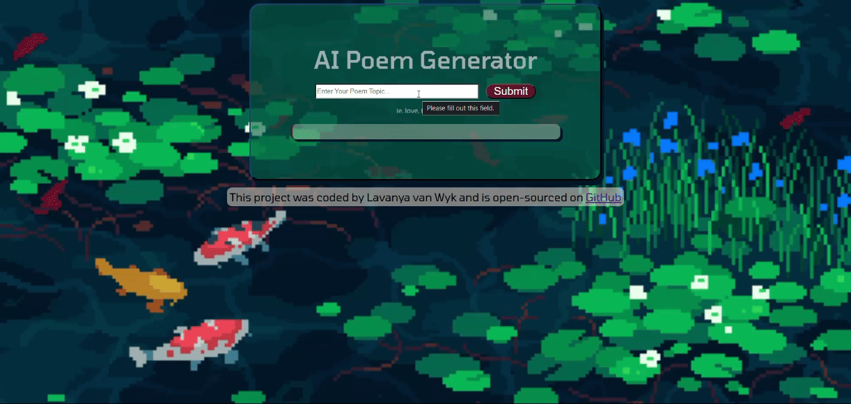 screenshot of website that AI generates and displays poems